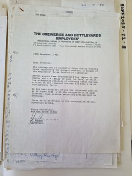 Breweries and Bottleyards Employees' Industrial Union, asking the club to not give brewery workers alcohol during working hours.