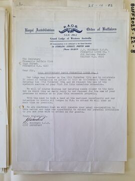J.F. Woodward letter to Buffalo Club re 70th anniversary of Fremantle Lodge No 1 (founded 16 November 1914), holding a dance upstairs.