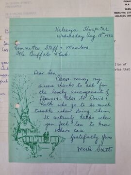 Thank you note from Merle Scott for flowers. 18 August 1982.