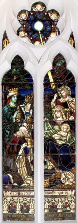 John H Duffield]] and Sarah his wife'. The Adoration of the Magi: the three kings/wise men are in the left window, bearing gifts of gold, frankincense, and myrrh. This was the second JHD (1819-1894) who is remembered, together with his wife Sarah (Glyde).